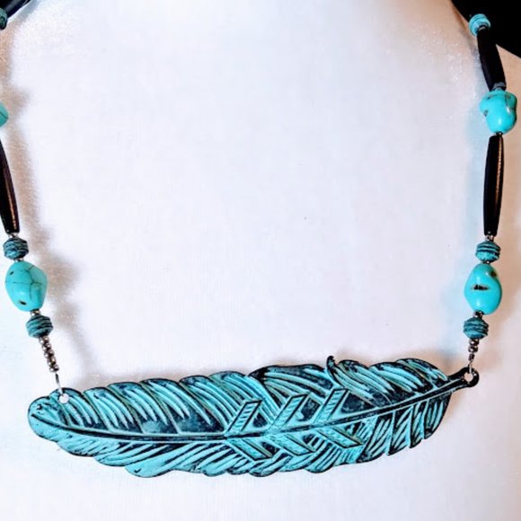FEATHER, HORN & TURQUOISE*BLACK HORN*BRASS FEATHER*MEN'S CHOKER/NECKLACE/NATIVE - Picture 3 of 5